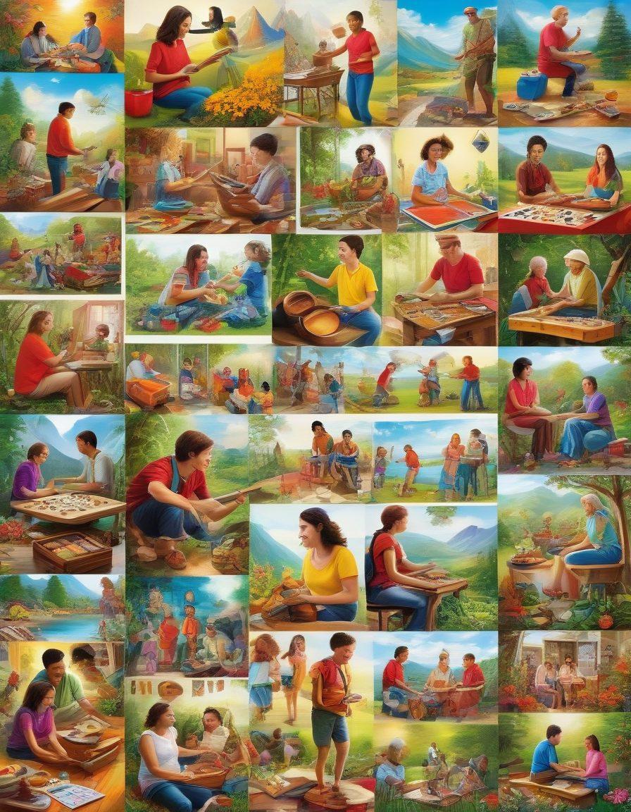 A vibrant, lively collage depicting diverse leisure activities: people enjoying board games, painting, hiking, reading books, cooking, playing musical instruments, and gardening. Each activity scene is dynamic, colorful, and joyful, showcasing a variety of ages and ethnicities. Bright and inviting colors. super-realistic.