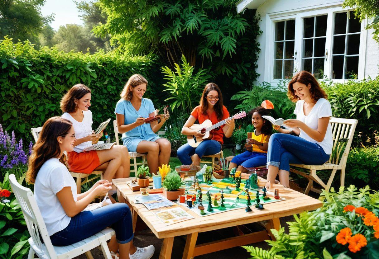 A lively collage of people engaging in various hobbies and games such as painting, playing board games, gardening, and reading books. Each activity is depicted with vibrant details and joyful expressions. A sunny outdoor setting with lush greenery and colorful props enhances the cheerful mood. super-realistic. vibrant colors. white background. 3D.