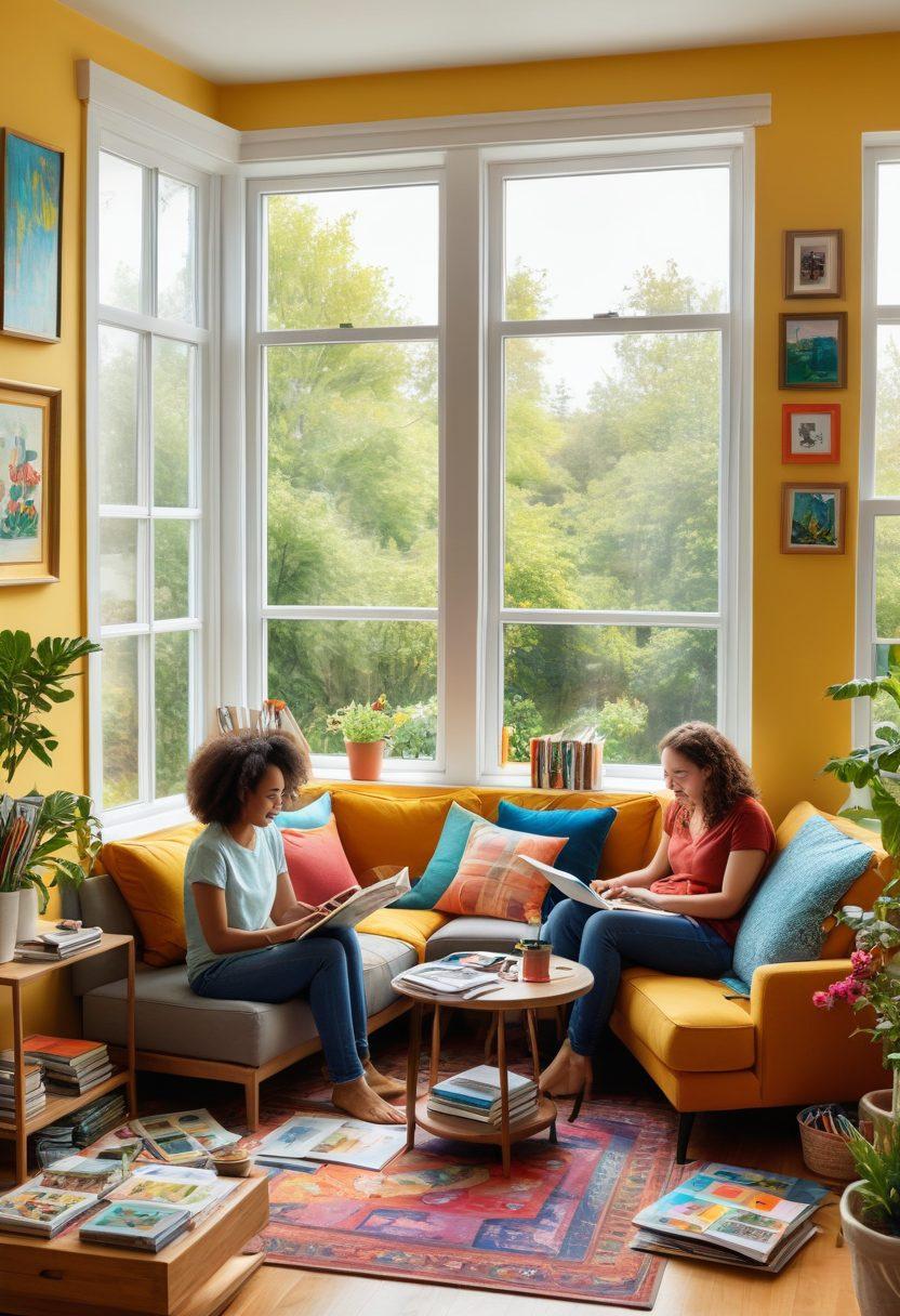 A vibrant scene of a cozy living room filled with books, board games, a glowing laptop, art supplies, musical instruments, and a bright window with a sunny garden view. People of various ages are joyfully engaging in different activities like reading, painting, coding, and playing music. painting. vibrant colors.